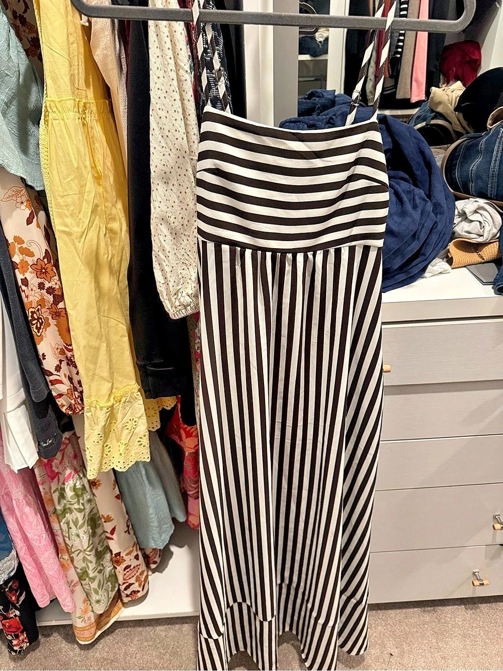 Commense Striped Pleated Cami Long Dress Black & White Small